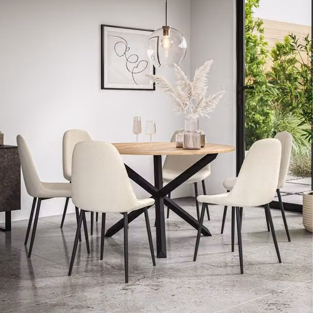More4Homes Malvern Round Oak Effect Dining Table Set with 6 White Maya Chairs and Black Oak Legs