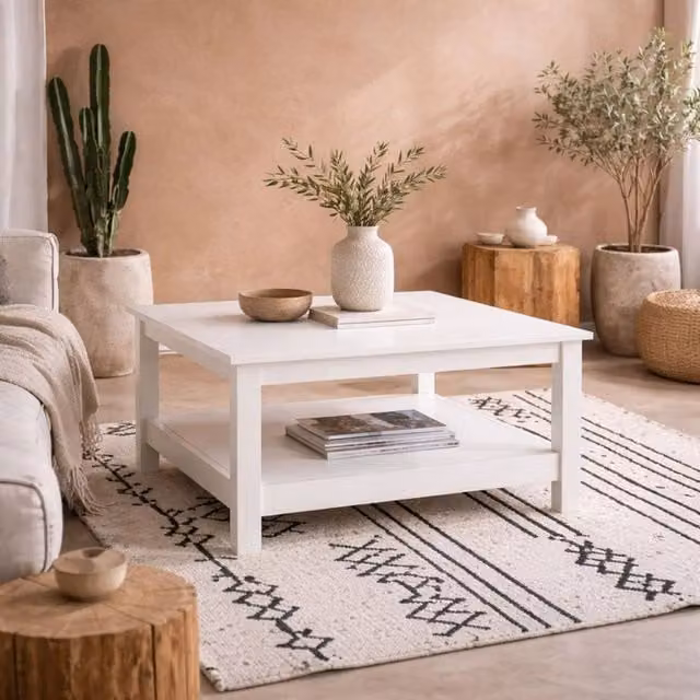 Wyld Haus Gossmere White Wooden Square Coffee Table with Bottom Shelf – 1