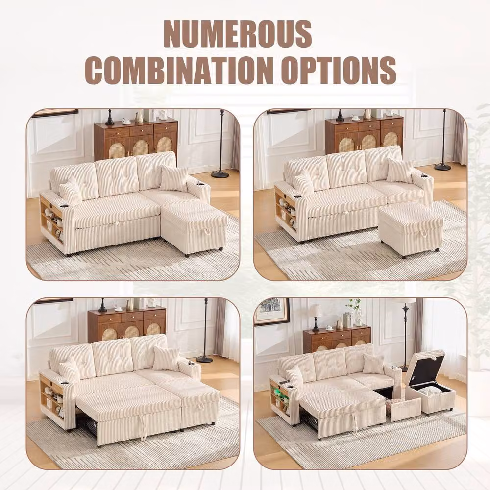 FENCHILIN 3 Seater Pull-out Sofa Bed in Beige with Hidden Storage, LED Lighting and USB Charging – 2