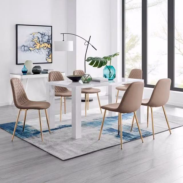 FurnitureboxUK Pivero White High Gloss Rectangular Dining Table and 6 Corona Gold Chairs in Cappuccino