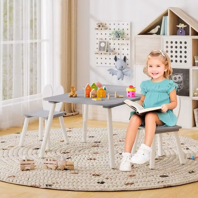 Costway Kids Wooden Activity Table and 2 Chairs Set in Grey – 1