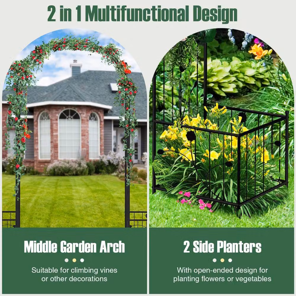 Gymax Metal Garden Arbor Arch Trellis with Planter Boxes in Black, Height: 217 cm – 3