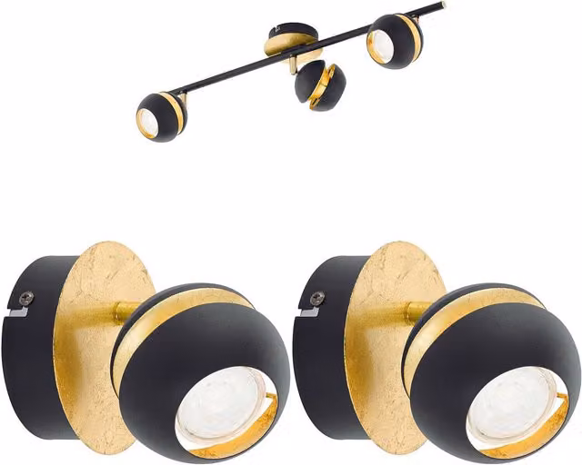 Loops Modern Metal Ceiling Spot Light and 2x Matching Wall Lights in Black and Gold with Adjustable Shades – 1