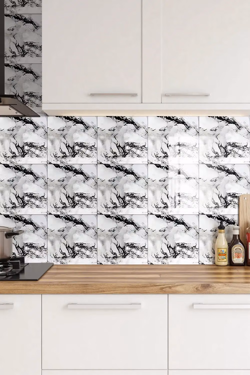 Living and Home 10pcs Self-Adhesive Black and White Marble PVC Wallpaper, W/D/H: 40 x 40 x 0.16 cm – 2