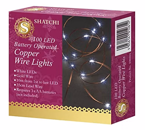 Shatchi 100 LED Cool White Battery Operated Copper Wire String Lights – 3