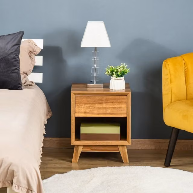HOMCOM Modern Bedside Table Nightstand with Drawer and Shelf in Brown