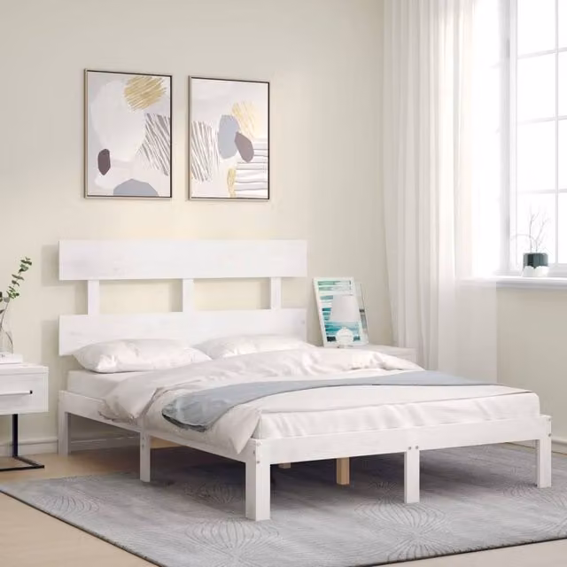 Berkfield Home Beautiful Small Double Bed Frame with Headboard in White Solid Pine Wood