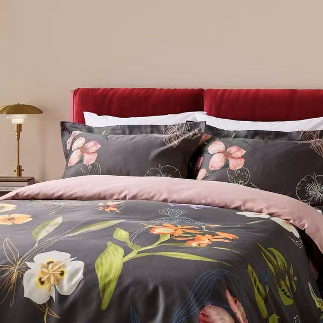 Ted Baker New Hampton Reversible Cotton Mako Satin Duvet Cover and Pillowcase Set, Grey and Pink Floral, W: 140 cm, L: 200 cm – 1