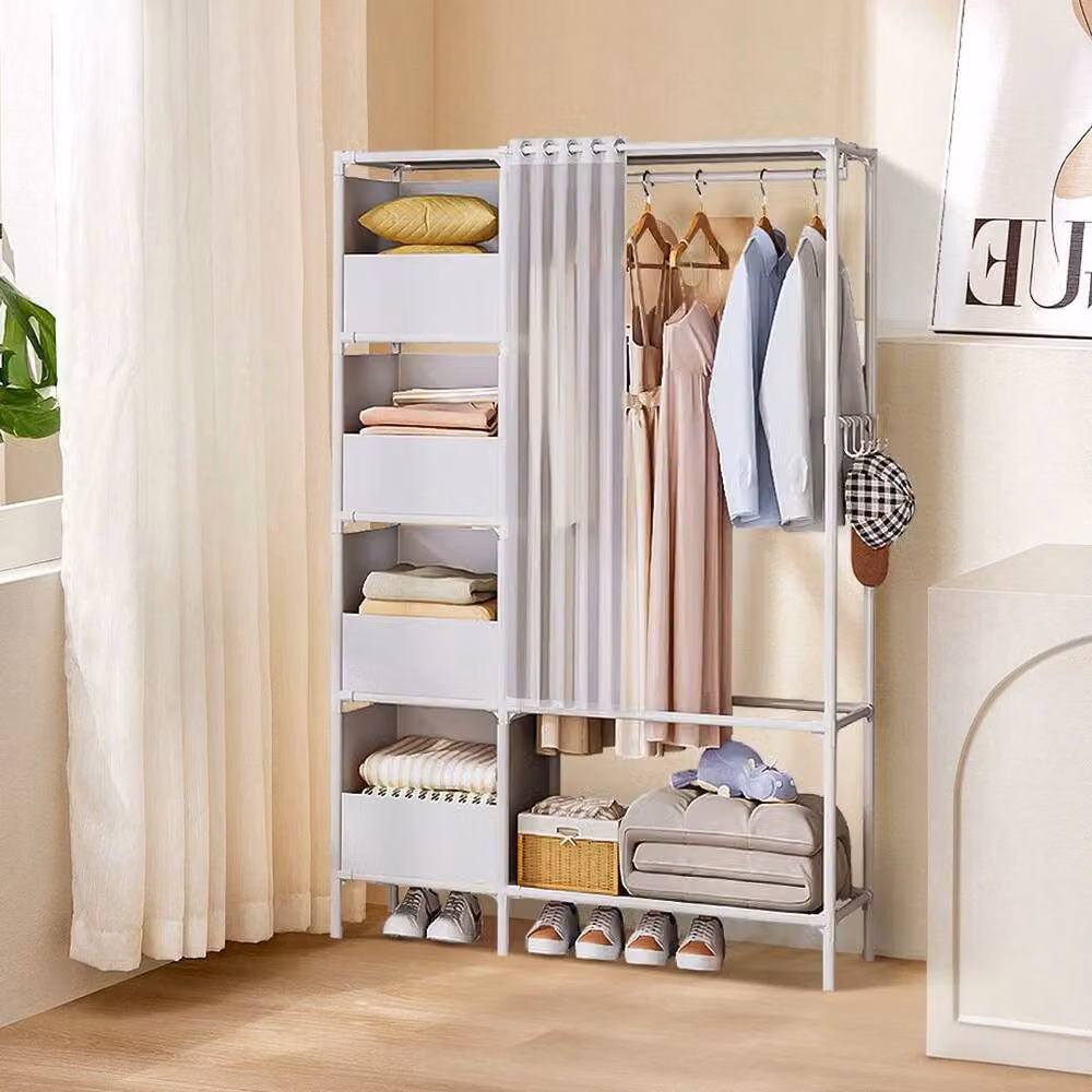 FLAVORA White Heavy Duty Metal Clothes Rail with Storage Shelf and Hooks, H 170 cm x W 50 cm x D 50 cm – 2