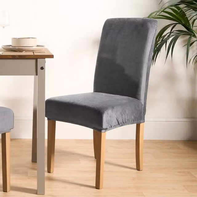 OHS Velvet Elastic Stretch High Back Dining Chair Protector Cover, Grey, Pack of 4