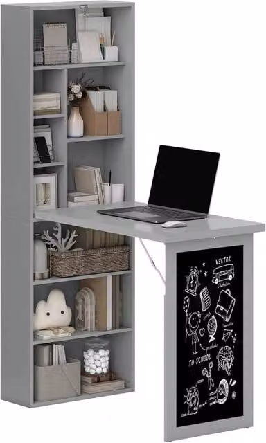 Rolipo Grey Folding Convertible Computer Desk with Blackboard and Side Shelf – 1
