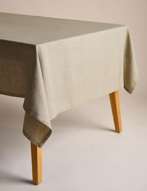 M&S Pure Linen Plain Tablecloth in Khaki