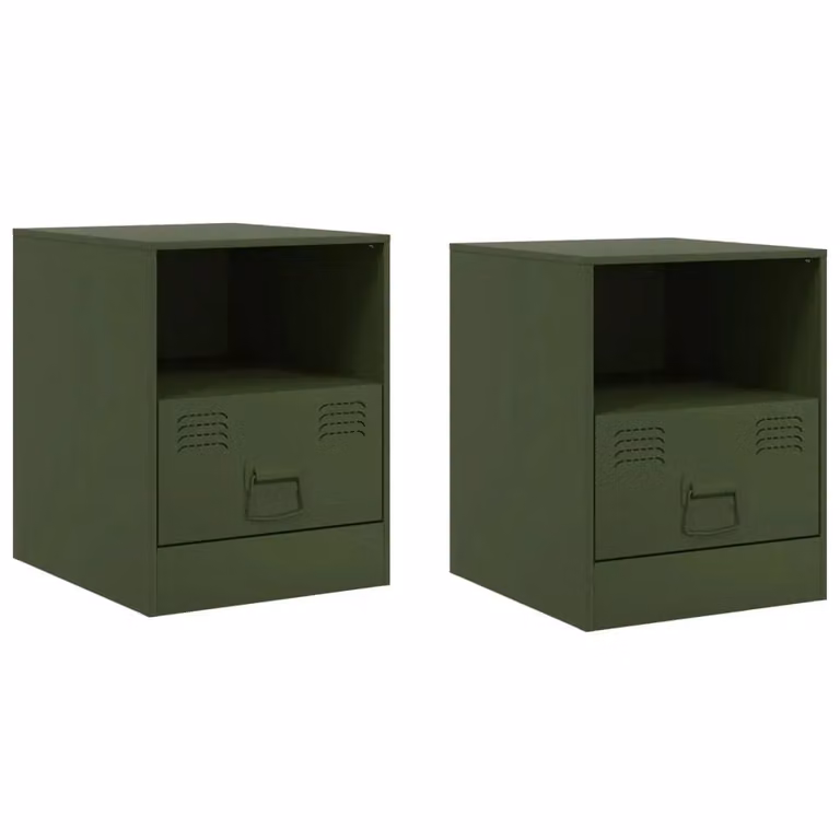 Berkfield Home Set of 2 Metal Bedside Cabinets in Olive Green, W/D/H: 34.5 x 39 x 44 cm