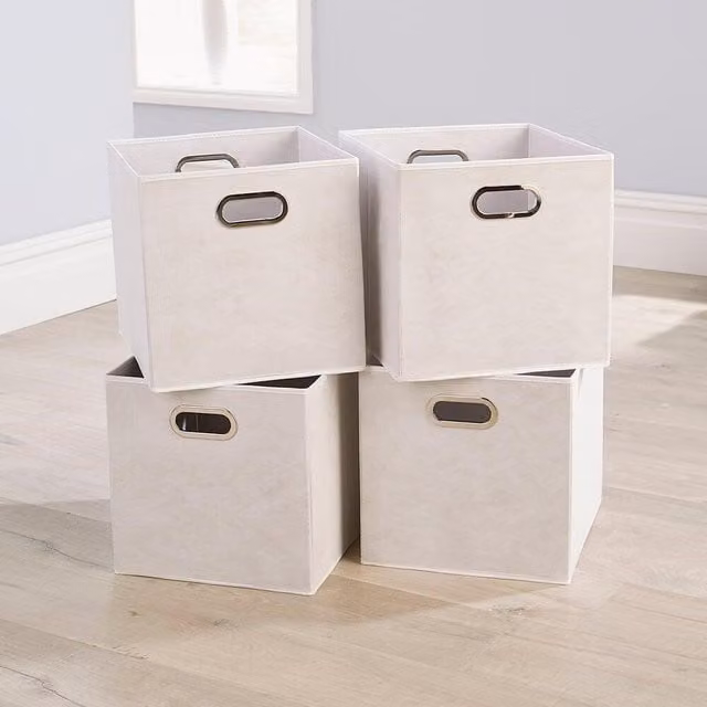 Home Source Pack of 4 Large Cube Canvas Fabric Storage Insert Boxes in White