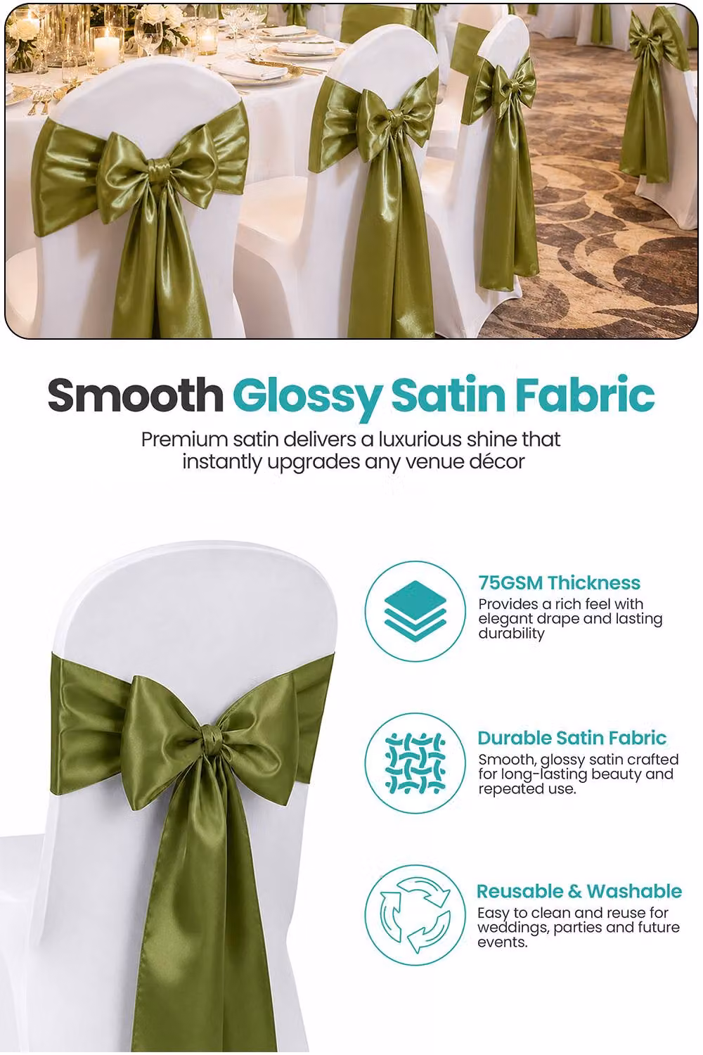 Neel Blue Sage Green Satin Chair Sashes for Weddings, 1pc, W: 7" x L: 108" – 3