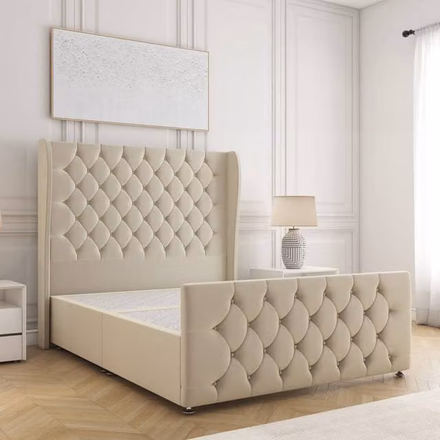 BSSPOKE Anna Small Double Divan Bed in Beige Plush Velvet with 54 inch Headboard, W/D/H: 120 x 200 cm