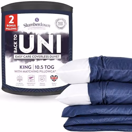 Slumberdown Back to Uni Bed Set in Navy Blue, including 10.5 Tog Coverless King Size Duvet and 2 Pillows with 2 Matching Pillowcases, W/D/H: 225 x 220 cm – 1