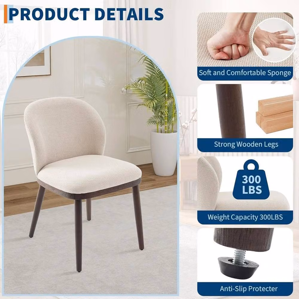 VOGREX Set of 2 Modern Upholstered Dining Chairs with Wooden Legs in Beige – 2
