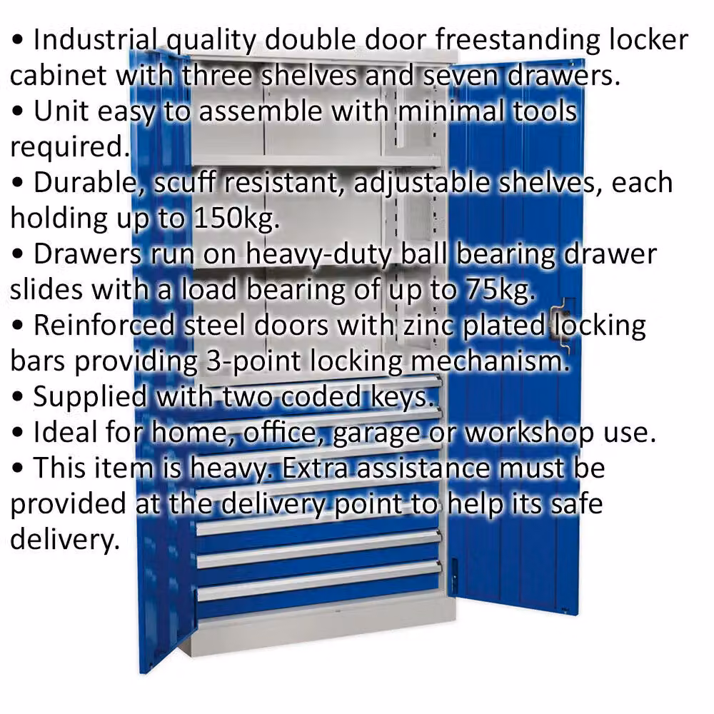 Loops Blue Industrial Steel Double Door Cabinet with 7 Drawers and 3 Shelves, W/D/H: 180 x 45 x 90 cm – 2