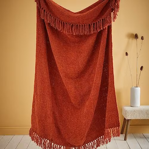 Appletree Terracotta Orange Chenille Woven Throw with Fringes, W: 130 cm, L: 180 cm – 2