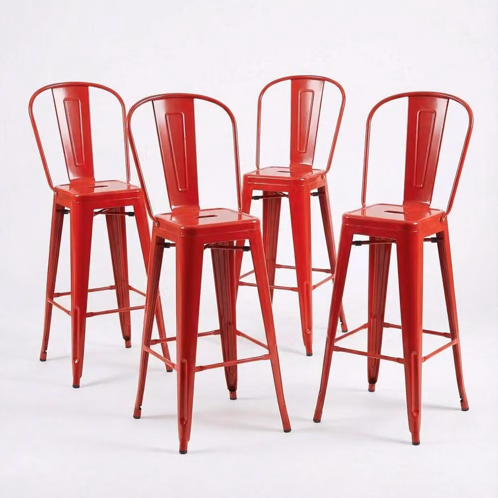 FWStyle Set of 4 Red Glossy Bistro Bar Chairs in Powder Coated Steel, H 117 x W 48 x D 44 cm – 3