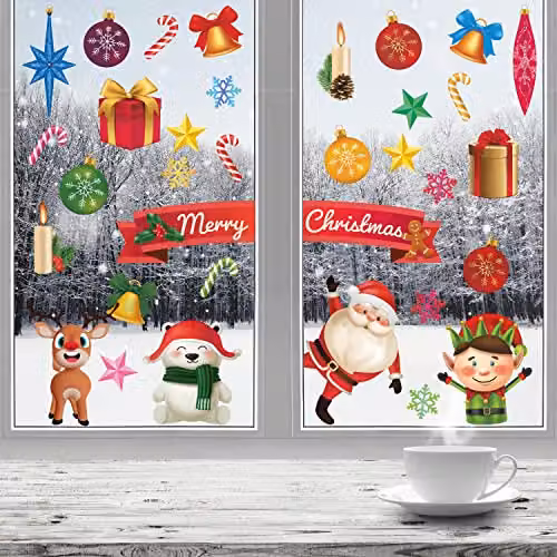 WALPLUS Christmas Window Stickers, 59 Piece Reusable Double-Sided Multicolour Xmas Window Clings with Stars for Holiday Party Decorations – 3