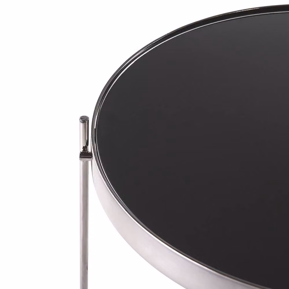 Wyld and Coco Round Side Table with Black Glossy Glass Top and Silver Metal Legs, Diameter: 40 cm, Height: 44 cm – 3