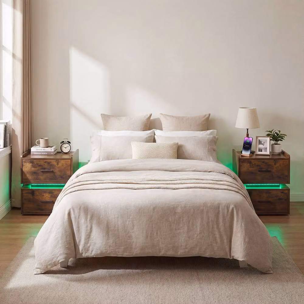Gymax Brown Semi-floating Bedside Table with Charging Station and LED Lights – 4