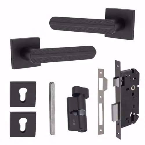 Golden Grace Lima Euro Lock Door Handles with Rosette Set, Matt Black, 1 Pair