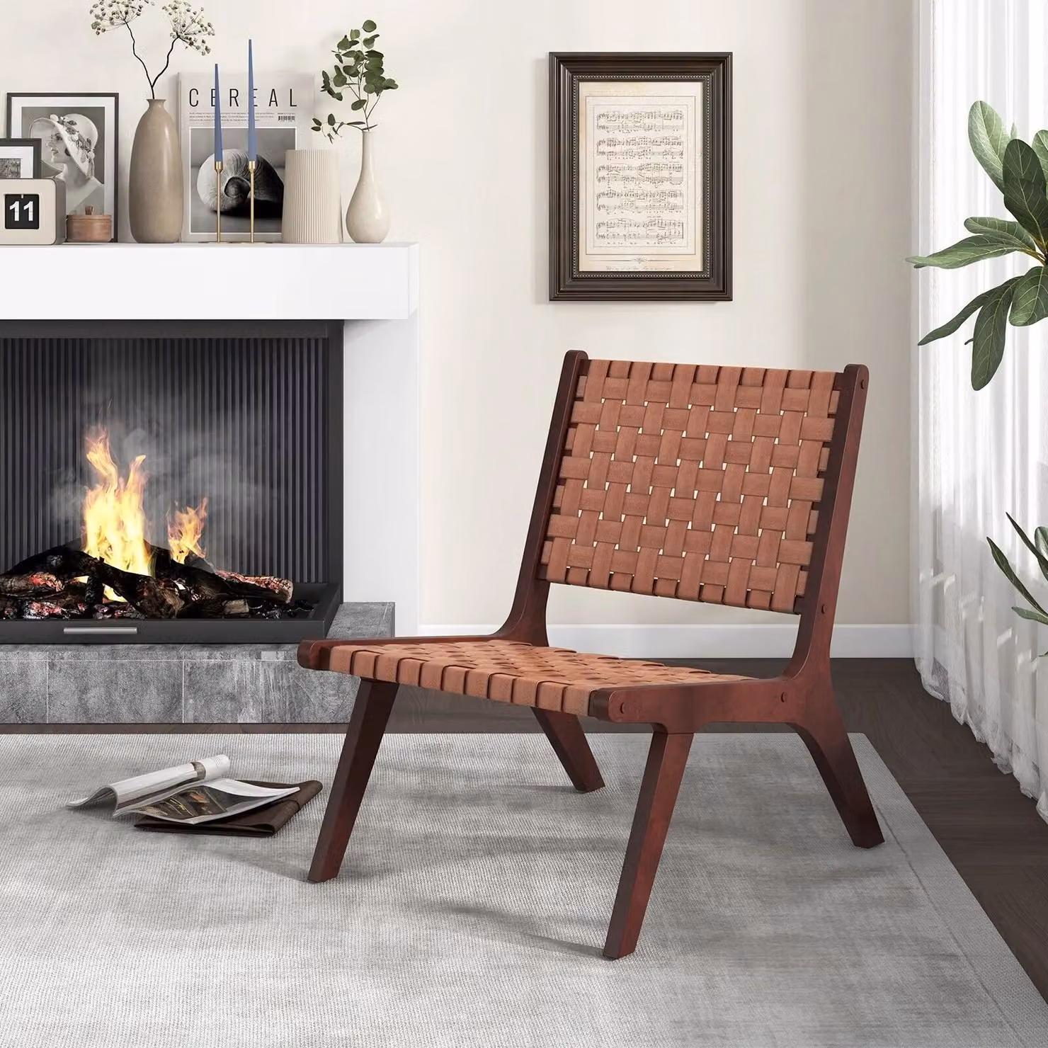 Costway Set of 2 Mid-Century Modern Woven Synthetic Leather Accent Chairs with Solid Rubberwood Frame in Brown – 5