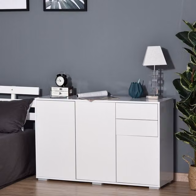 HOMCOM Modern Glossy White Side Cabinet with 2 Drawers and 2 Doors