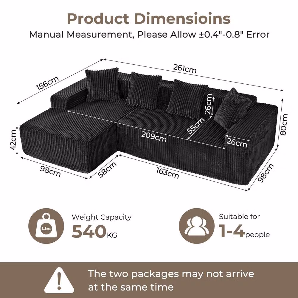 Dprodo 4 Seater Modular Left L-Shaped Sectional Sofa in Black Velvet Cord Fabric, Width: 261 cm – 3