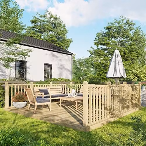 Powersheds Premium Wooden Decking Kit in Brown with Hand Rails on Three Sides