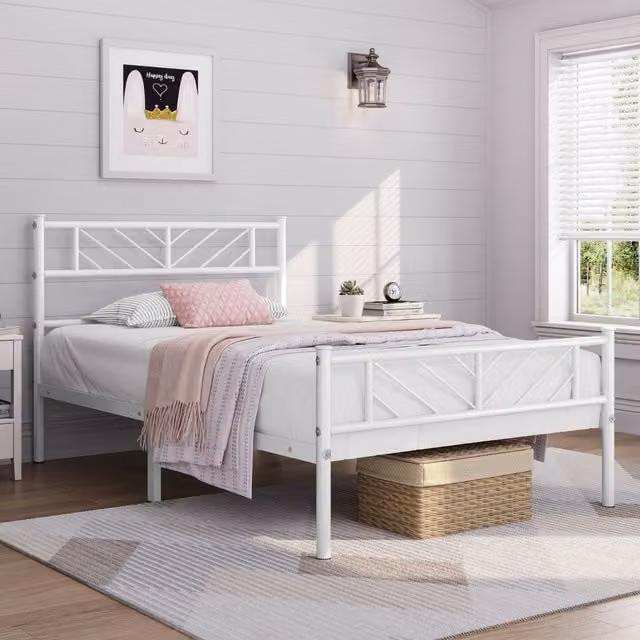 Yaheetech Minimalist Metal Bed Frame with Geometric Headboard and Footboard in White, 90 x 200 cm