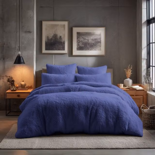 Home Sweet Home UK Teddy Bear Fleece Duvet Cover and Pillowcase Set in Blue, Super King, Duvet Cover: 200 x 200 cm, Pillowcase: 50 x 75 cm