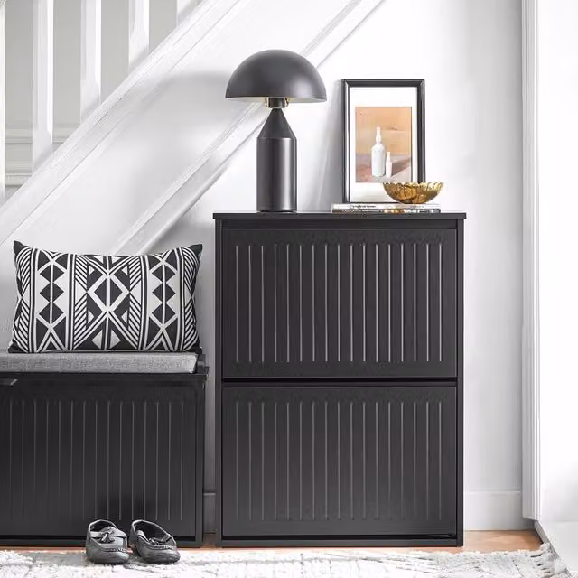 SoBuy Slim Black Matt Shoe Cabinet with Tilting Compartments and Internal Shelves – 1