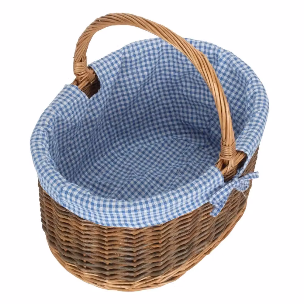 Large Red Wicker Country Oval Shopping Basket with Blue Checked Cotton Lining in Brown, W/D/H: 30.0 x 21.0 x 30.0 cm – 2