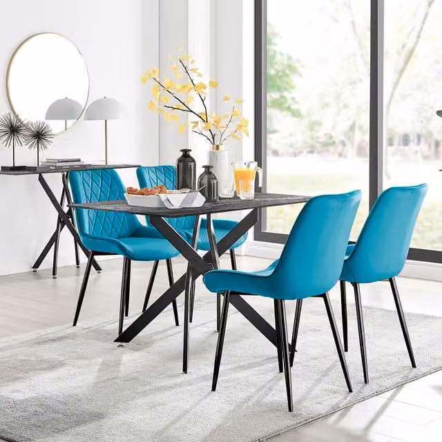 FurnitureboxUK Leonardo Grey Glass Marble Effect Table and 4 Pesaro Black Leg Chairs in Blue