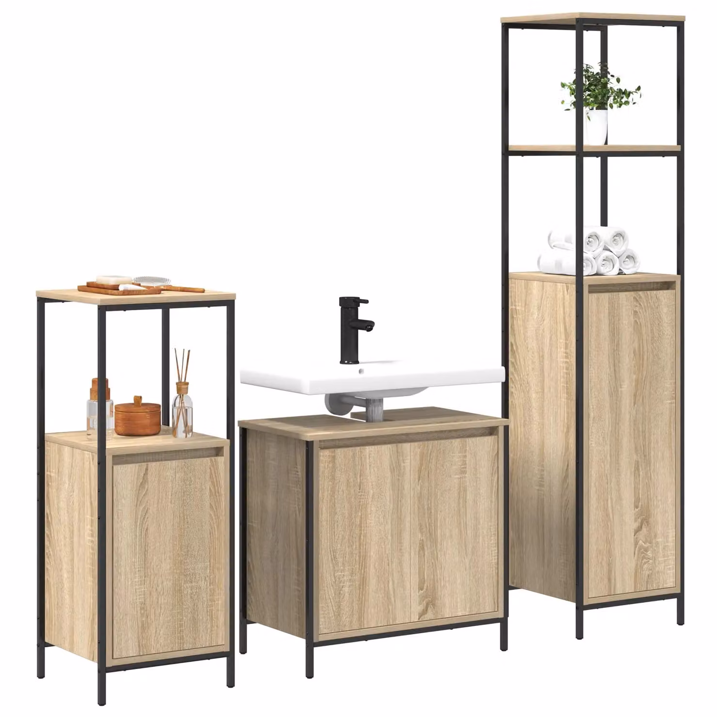 Berkfield Home 3 Piece Modern Bathroom Furniture Set in Sonoma Oak Brown, including Tall Cabinet, Vanity Unit and Wall Cabinet – 2