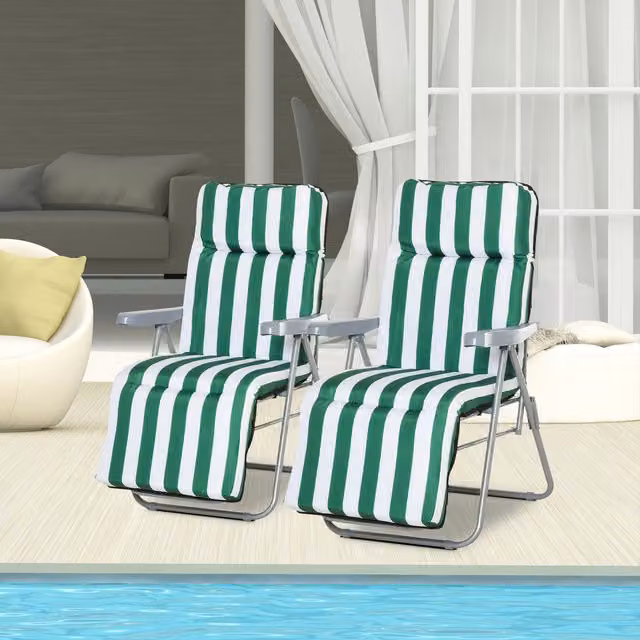 Outsunny Set of 2 Adjustable Sun Lounger Reclining Chairs with Weatherproof Cushions in Green and Grey – 7