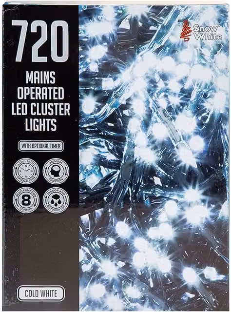 PMS VFM Cold White 720 LED Christmas Cluster Lights, 9.4m Multi-Function String Lights for Indoor and Outdoor Use
