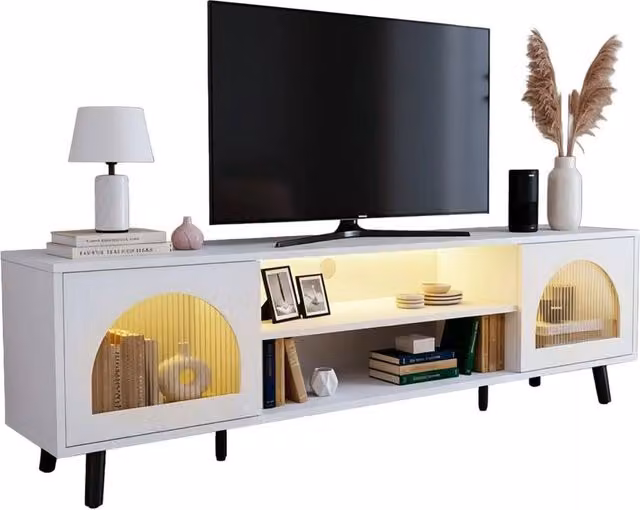 FORGEVIO Modern White MDF LED TV Stand Cabinet with 2 Glass Doors and Integrated Lighting – 1