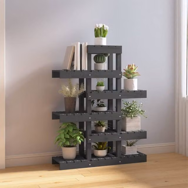 Berkfield Home Grey Solid Pine Wood Plant Stand W/D/H: 85 x 25 x 109.5 cm – 1