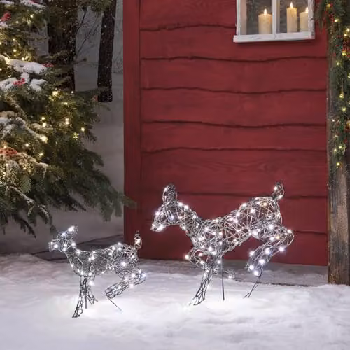 Lights4fun Mini Harlow Leaping Doe and Fawn Reindeer Duo with 120 Warm White LED Lights, White, Height: 50 cm and 35 cm – 2