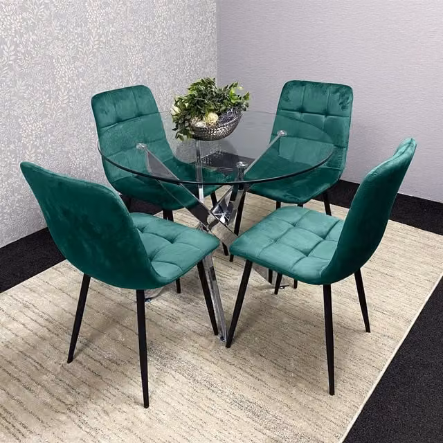Kosy Koala Modern Round Glass Dining Table and 4 Green Velvet Chairs Set in Brown, Diameter: 90 cm, Height: 75 cm