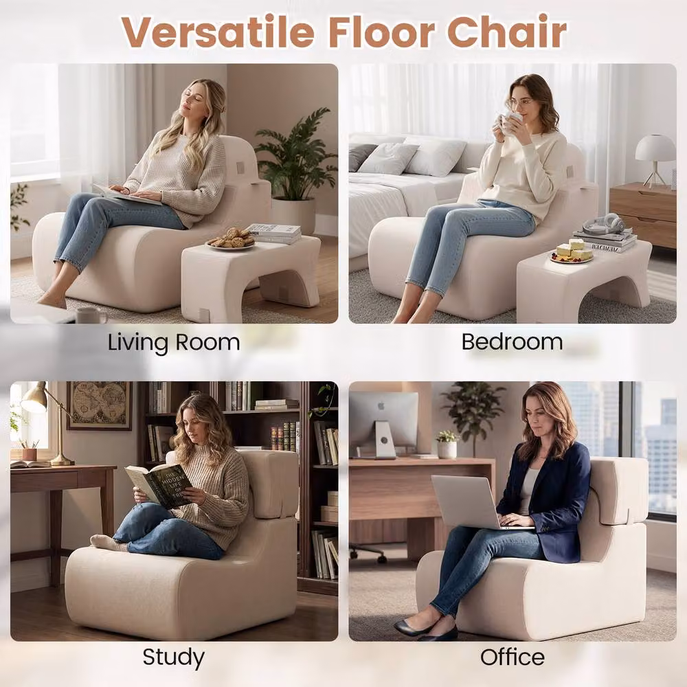 Costway Beige Velvet Soft Floor Chair with Detachable Headrest and Foam Padding – 4