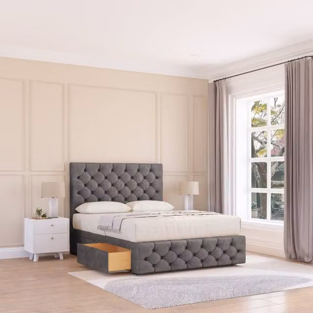 Sloomy Watson Grey Upholstered Divan Bed Base with 12 inch Footboard and 54 inch Floor Standing Headboard, King Size, W/D/H: 180 x 200 cm