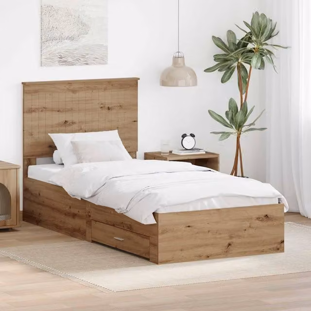 Berkfield Home Artisan Oak Bed Frame with Drawer, Brown Engineered Wood, W/D/H: 90 x 200 cm – 1