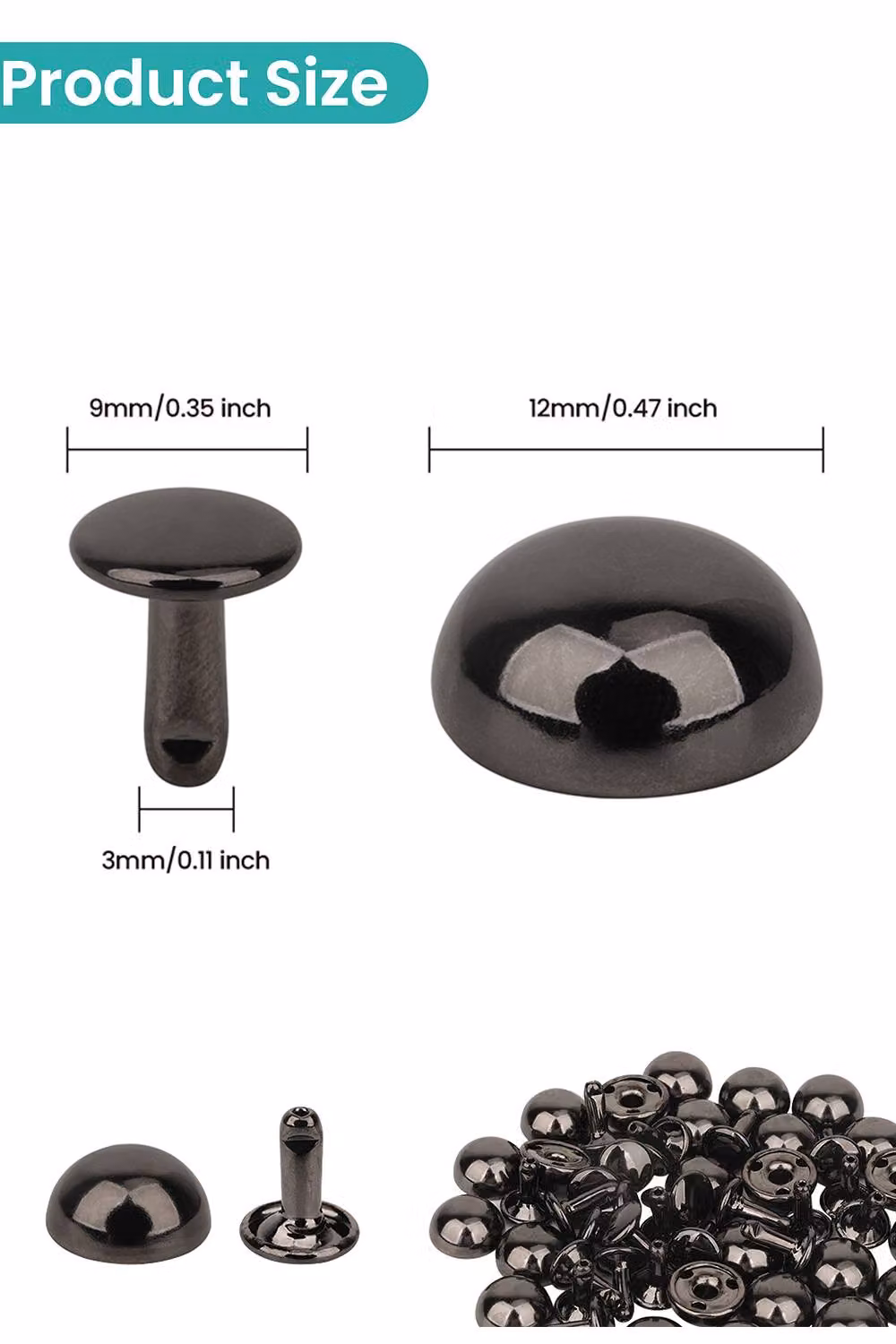 Neel Blue 25pcs Black Alloy Dome Shaped Bag Feet Rivets with 12mm Rivets and 9mm Round Studs – 2