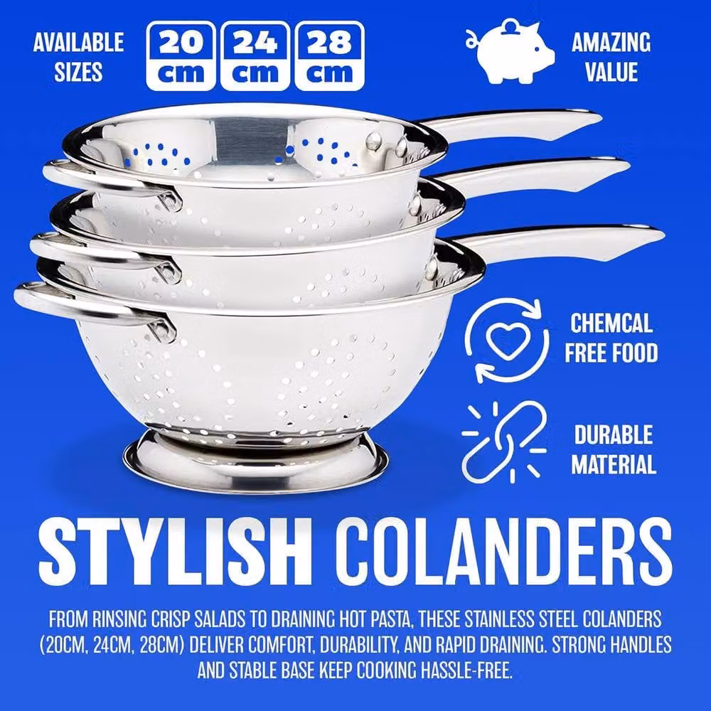 BARGAINS-GALORE Stainless Steel Round Colander with Long Handle in Silver, 20 cm – 3